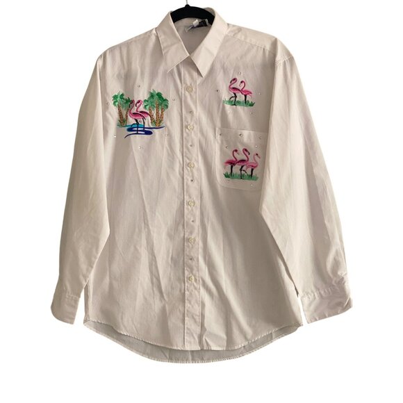 Las Olas Oved Intl Blouse Button Front Flamingo Embroidered Silver Stripe Small - Picture 1 of 11